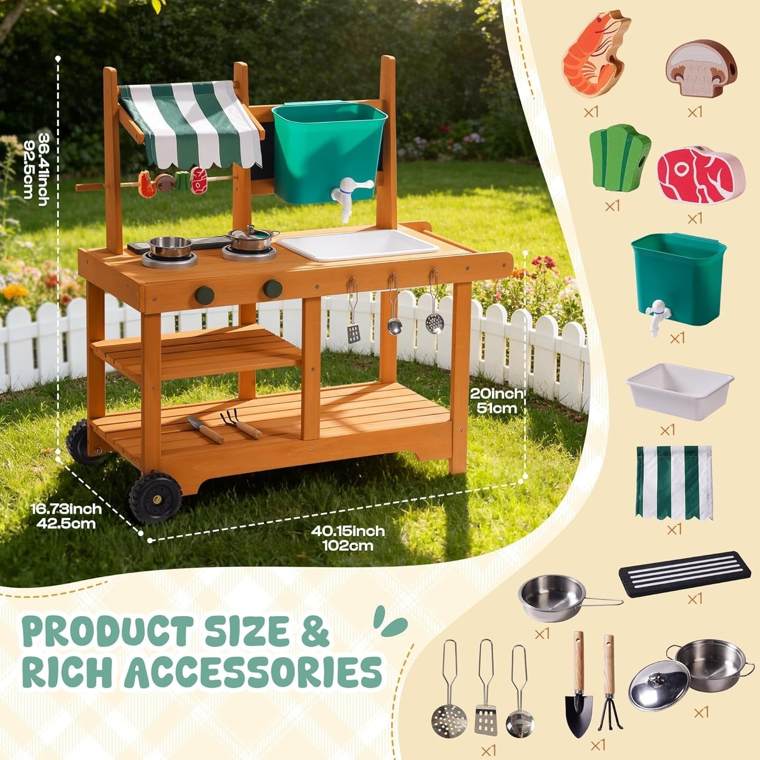 Kids Outdoor Mud Kitchen Wooden Playset Water Sink BBQ Cooking Toy