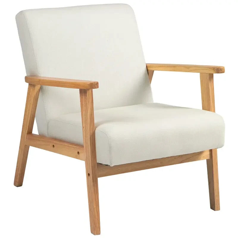 Cream Linen Accent Armchair with Wooden Frame for Living Room or Office