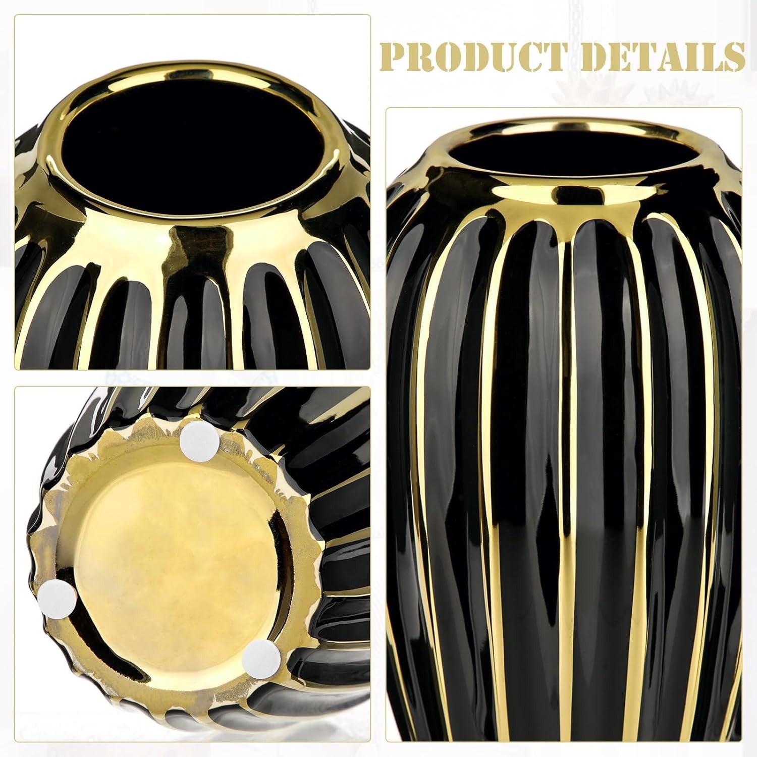 Black Gold Ribbed Ceramic Vase Luxury Floral Table Home Décor 8.2 Inch