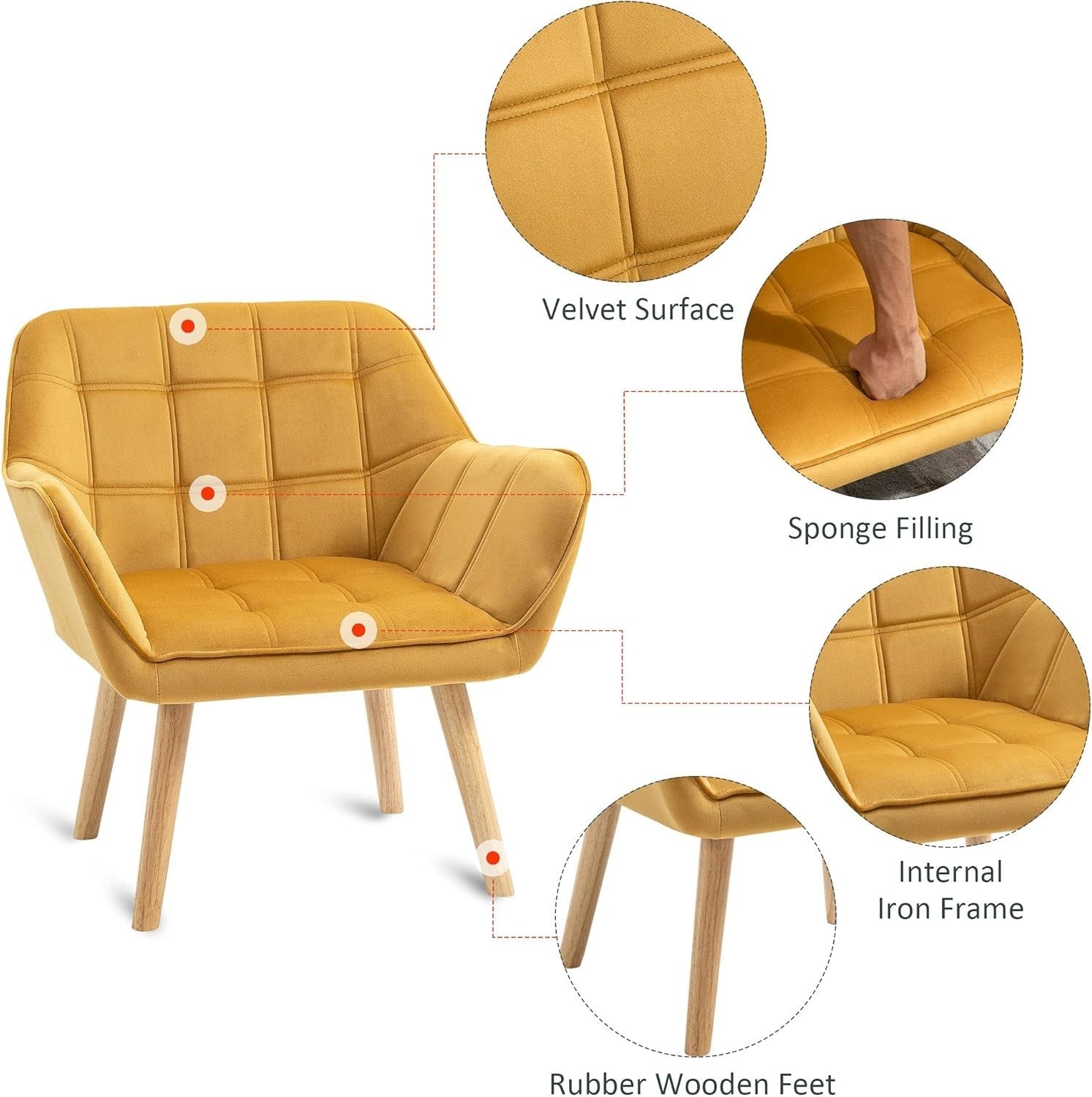 Yellow Velvet Armchair Wide Arm Accent Chair Modern Bedroom Lounge Seat