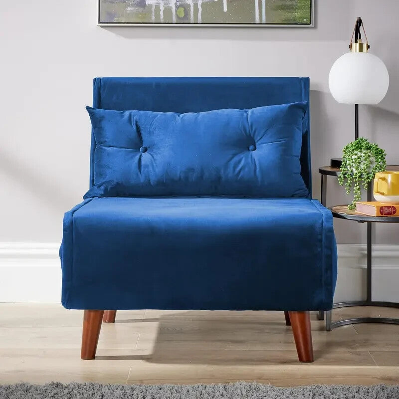Blue Velvet Single Sofa Bed Chair Folding Seat Guest Sleeper with Pillow