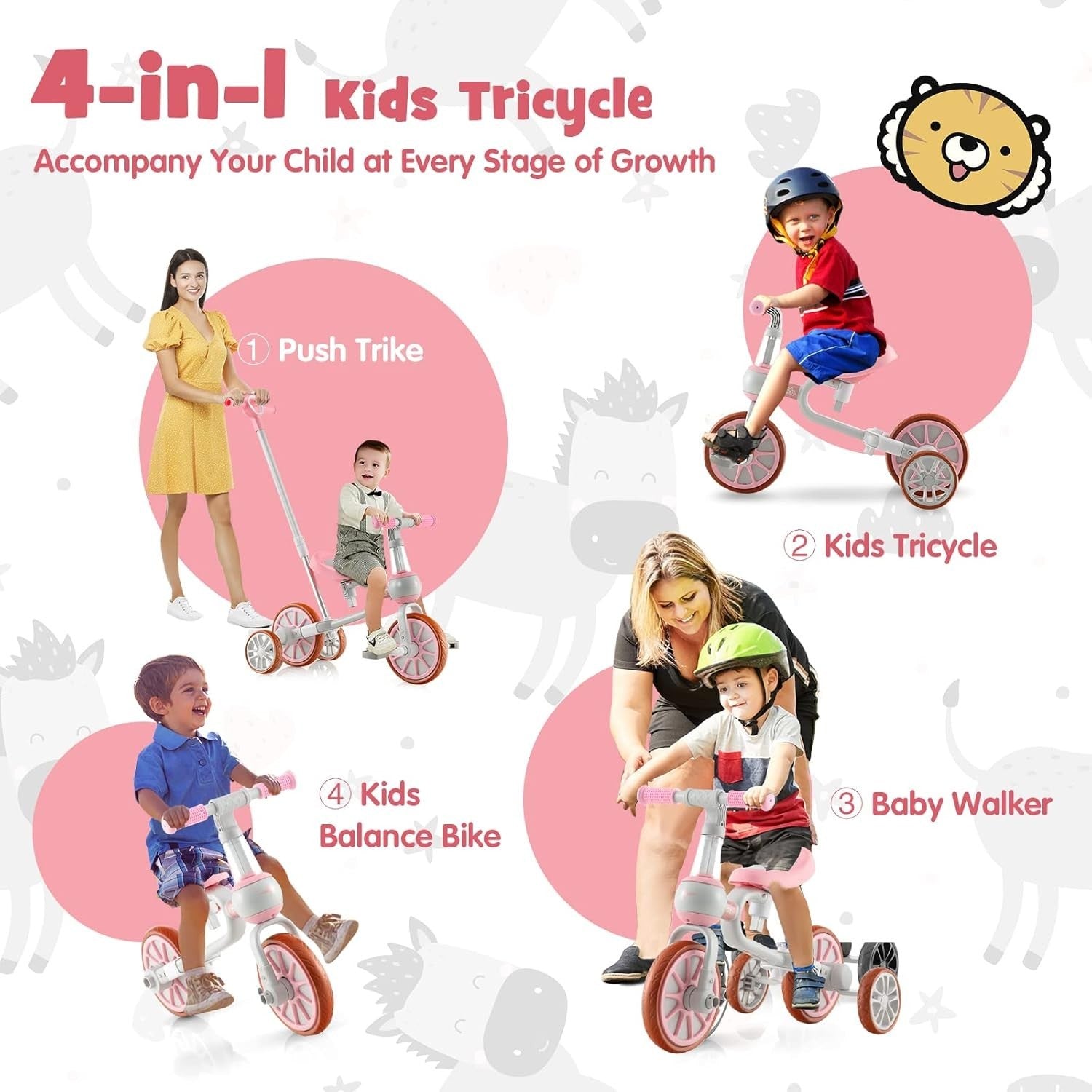 4 in 1 Kids Trike Balance Bike Push Tricycle Adjustable Handle Pink
