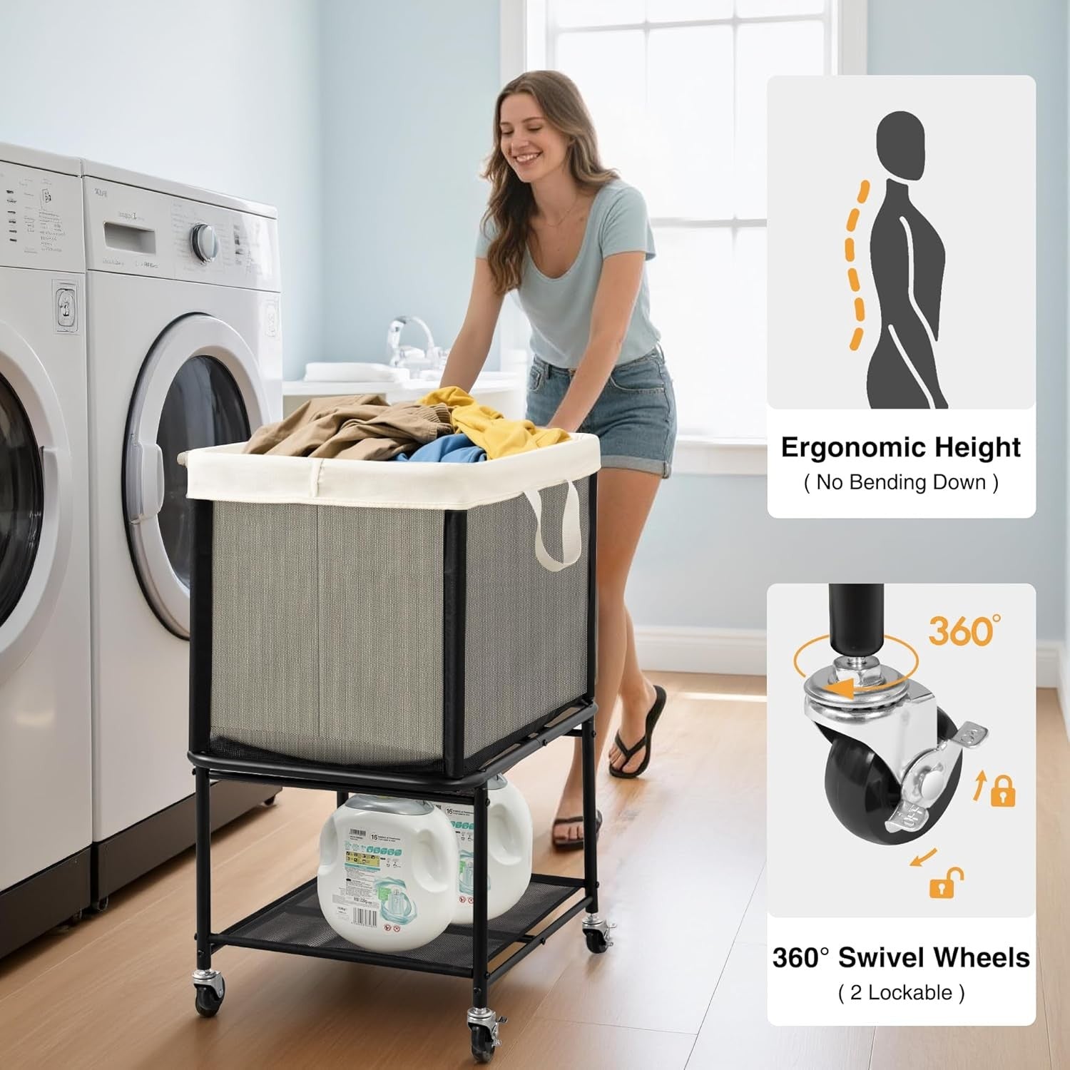 110L Rolling Laundry Hamper with Wheels Large 2-Tier Basket Removable Bag