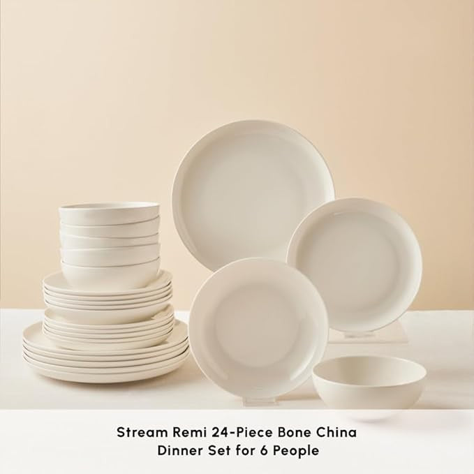 24pc White Bone China Dinner Set for 6 Plates Bowls Elegant Tableware