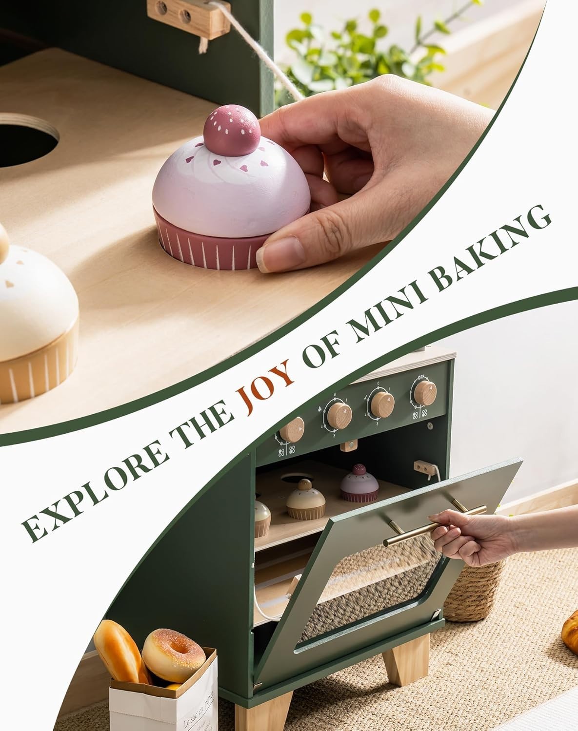 Wooden Kids Toy Oven Retro Play Kitchen Baking Set Green Toy