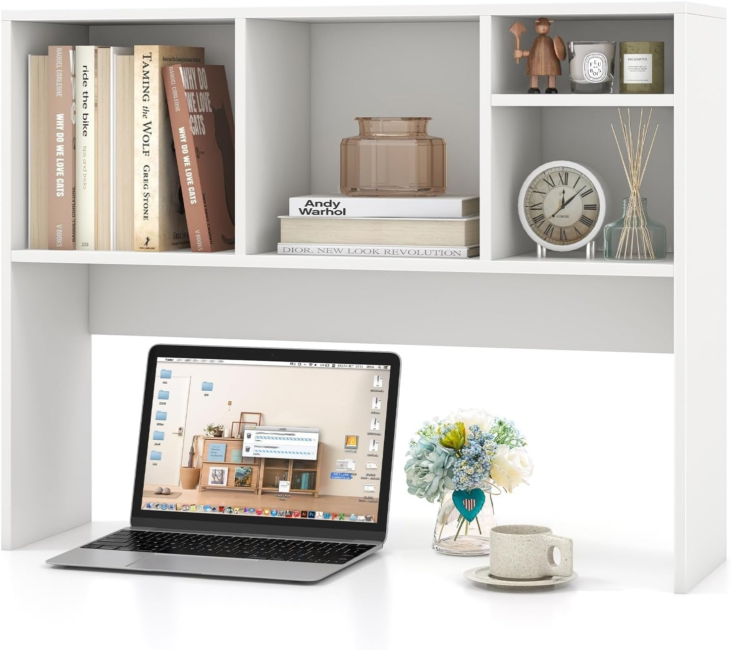 White Desktop Bookshelf Hutch 4-Shelf Countertop Storage Rack Monitor Organizer