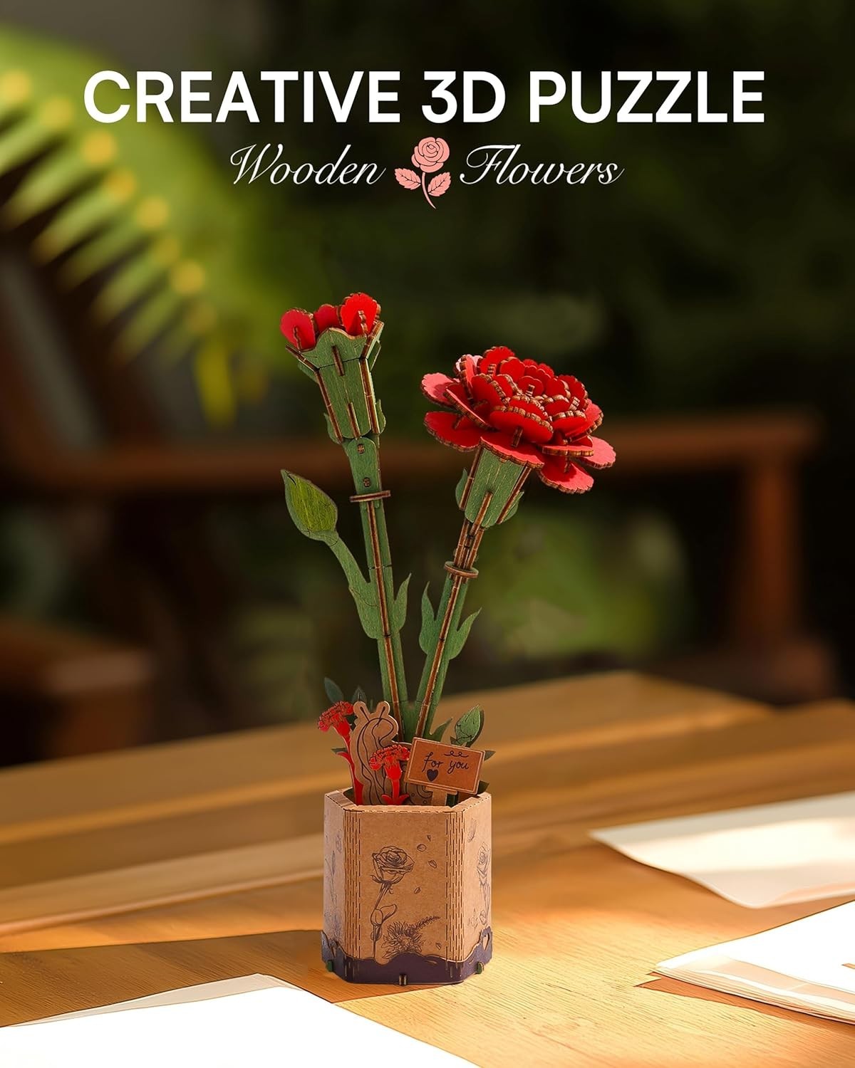 3D Wooden Flower Puzzle Kit for Adults – Red Carnation Gift Decor