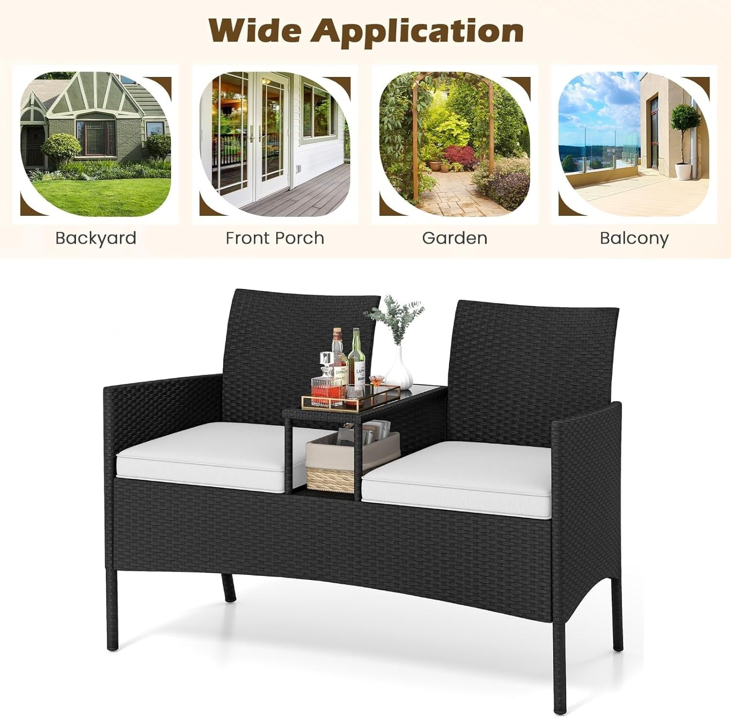 2 Seater Outdoor Rattan Sofa with Glass Table Patio Garden Love Seat Beige