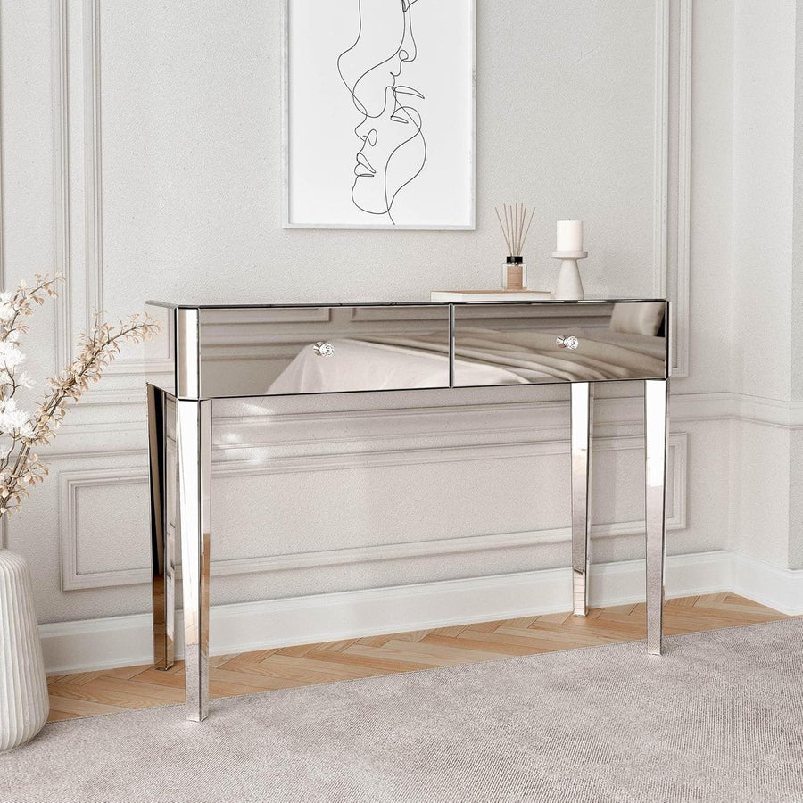Silver Mirrored Dressing Table Vanity Desk 2 Drawers Glass Top Wood Modern