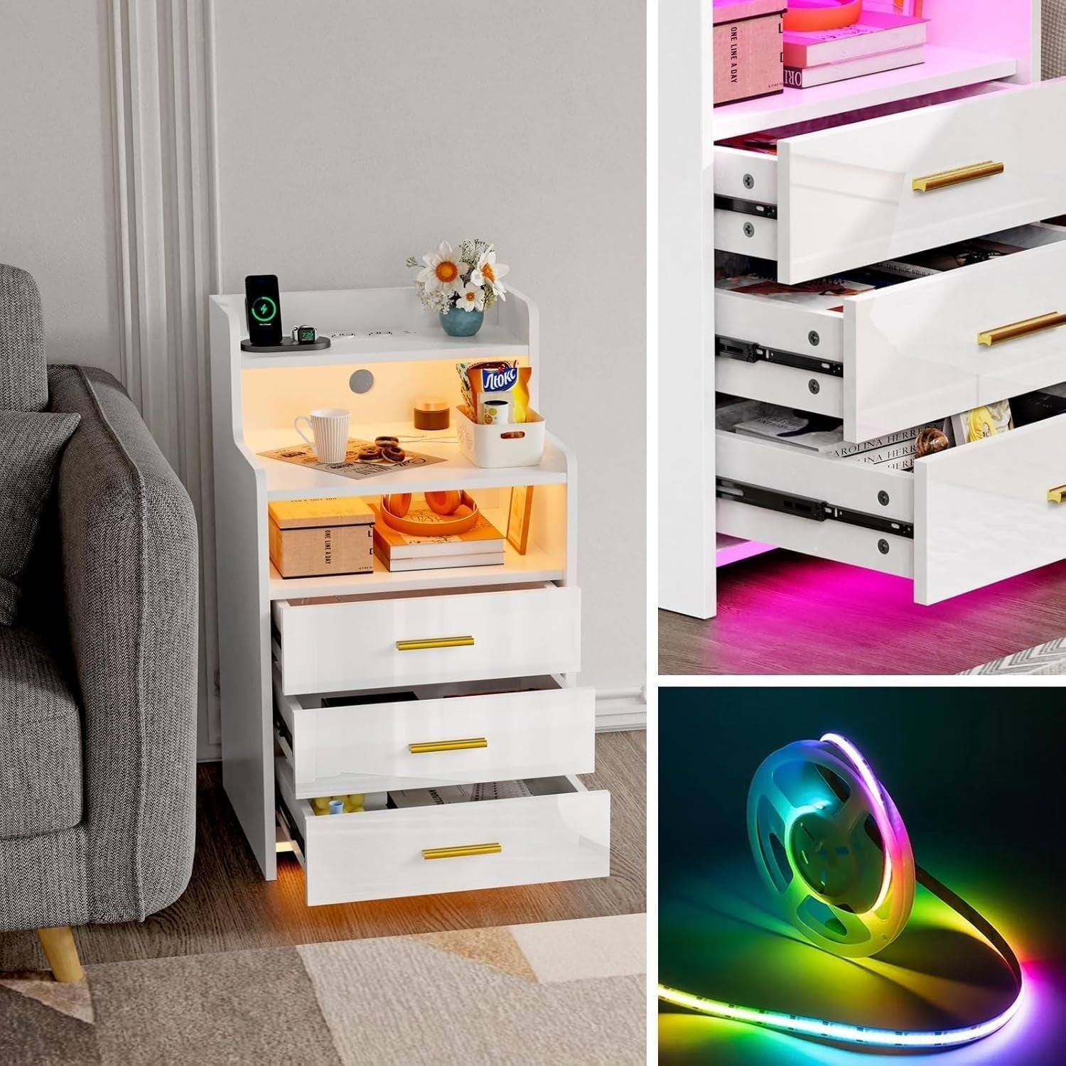 Modern LED Bedside Table with USB Charging, 3 Drawers + Shelf