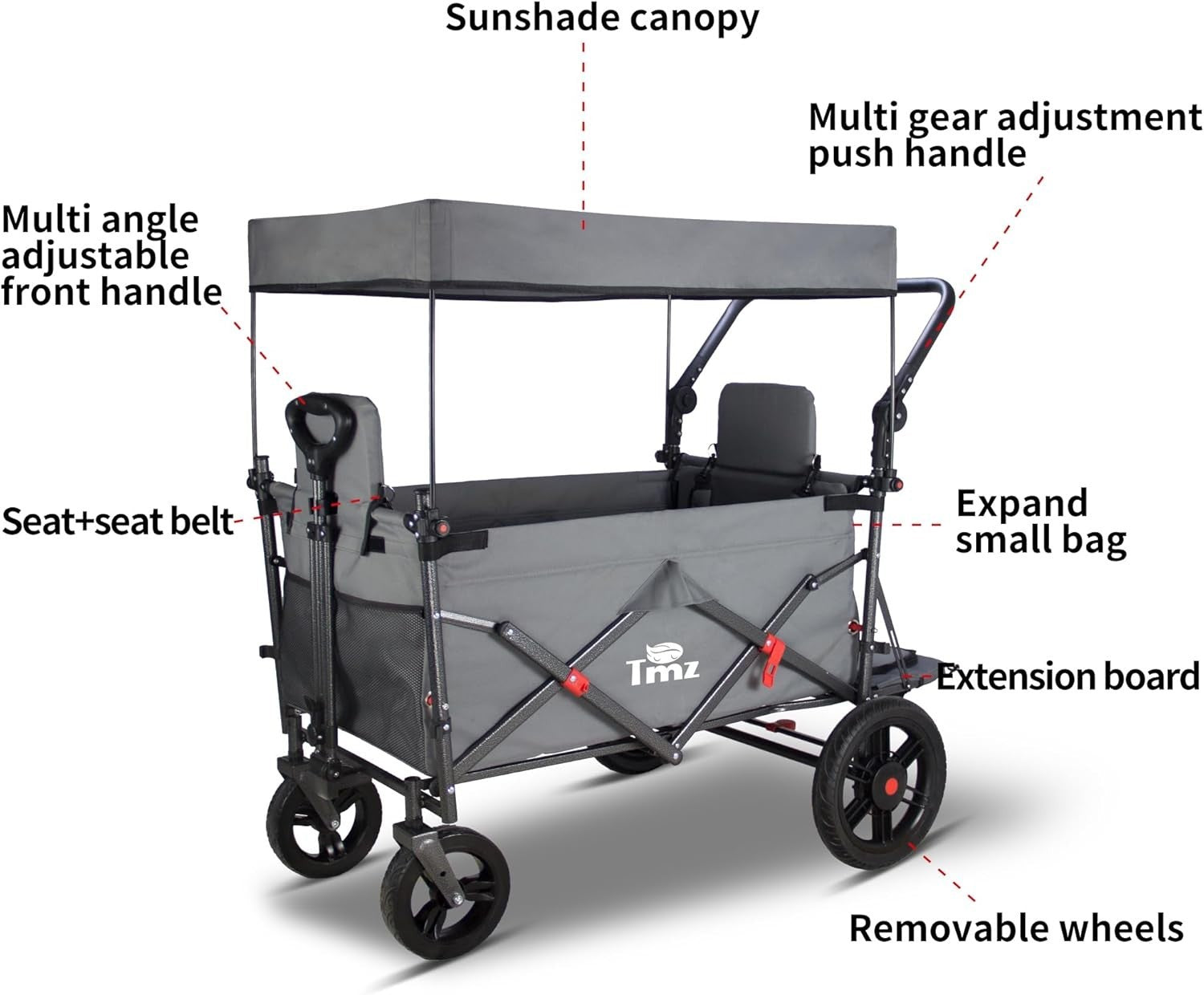 Collapsible Wagon Trolley 120kg Load w/ Canopy & 2 Seats Brake System Grey Cover
