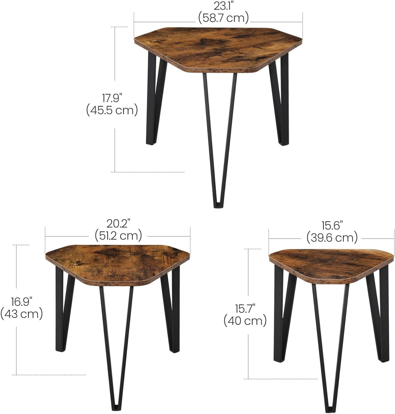 3pc Nesting Coffee Tables Set 51.9cm Industrial Side End Table Rustic Brown