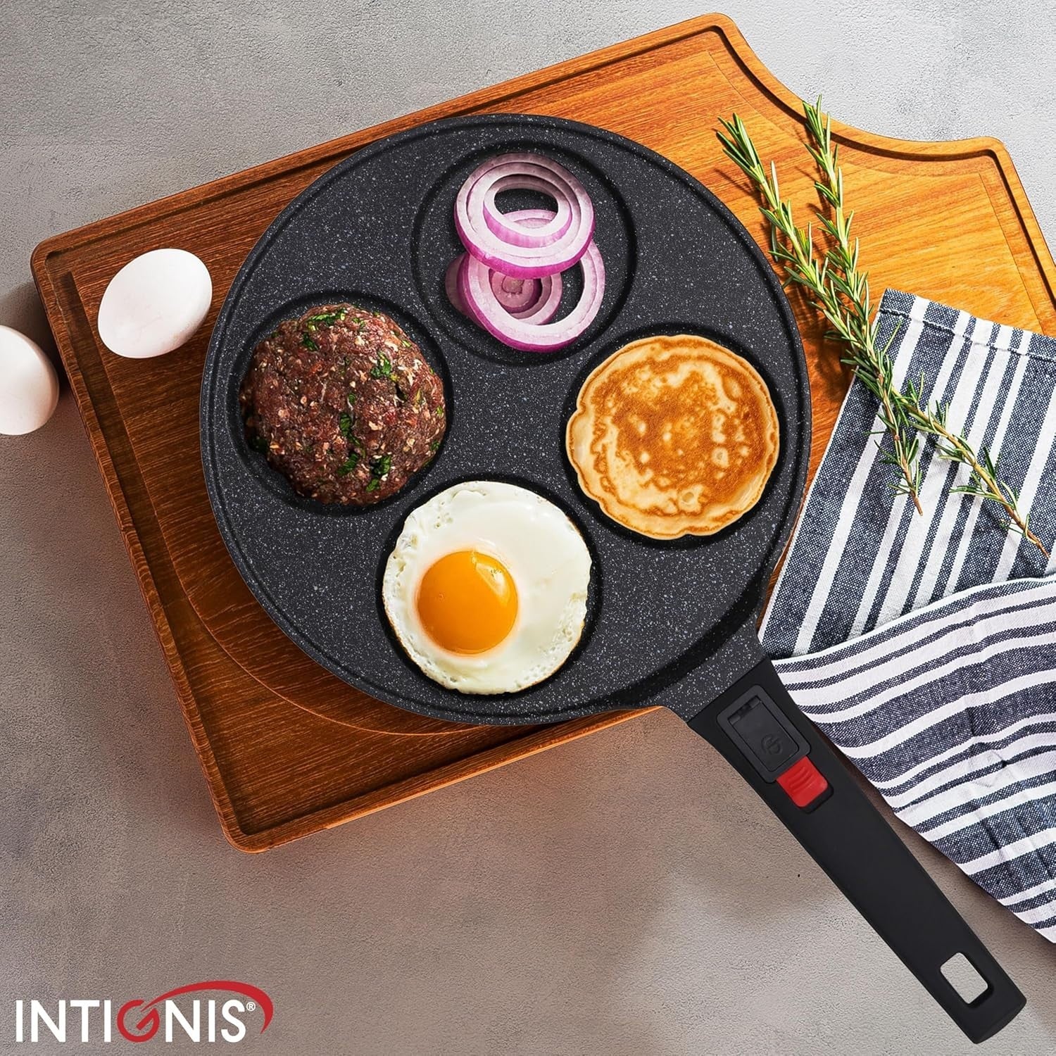 4-Hole Non-Stick Pancake Pan Cast Aluminium Induction Safe w/ Detachable Handle