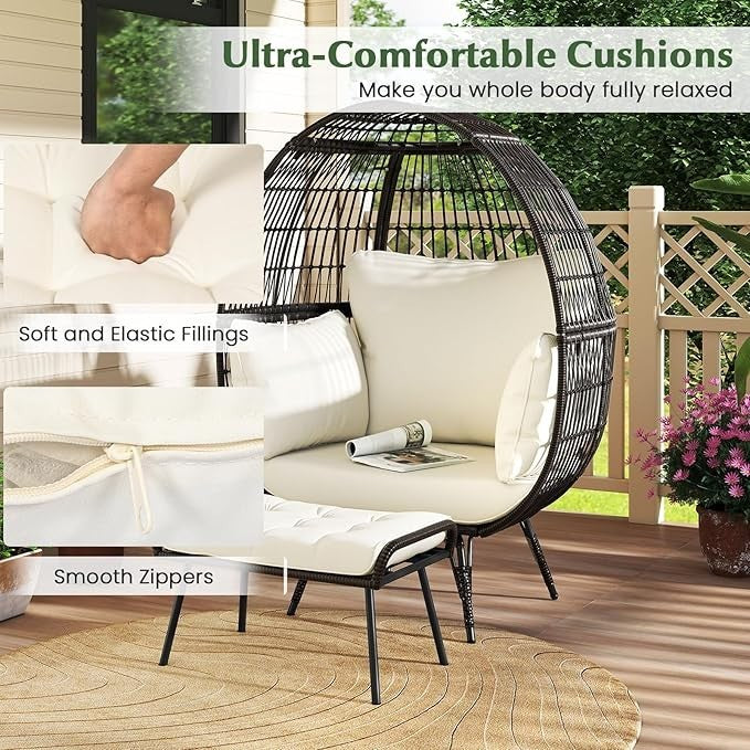 Outdoor Egg Chair with Ottoman & Cushions Rattan Lounge Set Garden Balcony