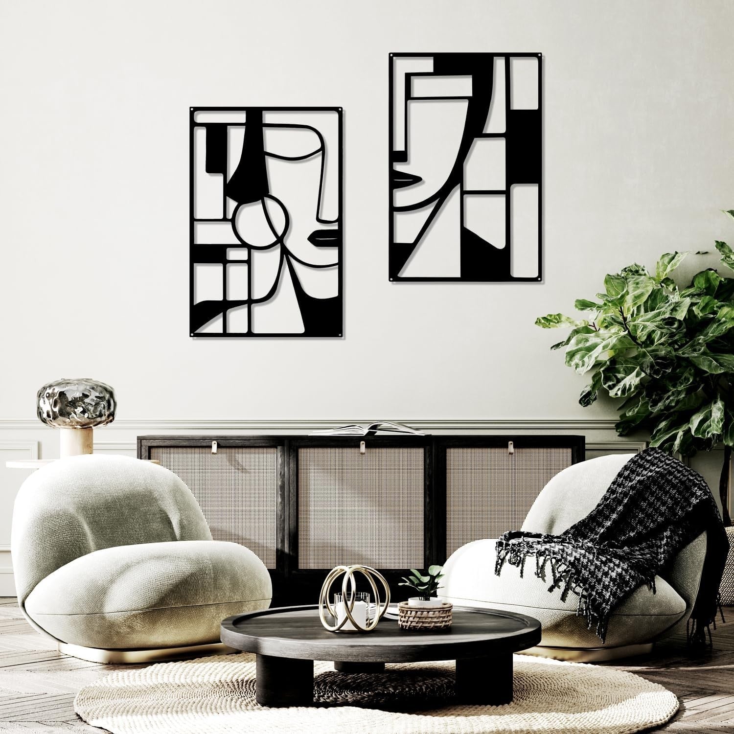 Black Metal Face Wall Art Set 2 Piece Modern Geometric Minimalist Decor