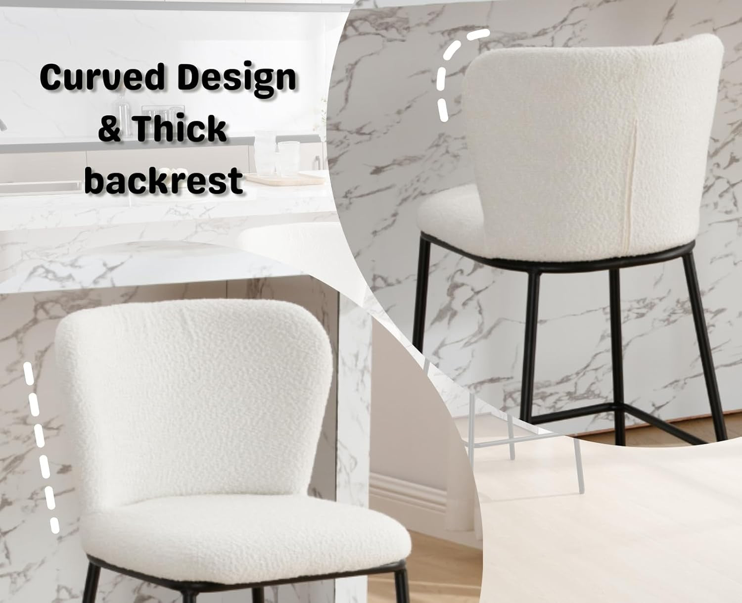 White Faux Fur Bar Stool Set 2 – Upholstered High Counter Kitchen island Chairs
