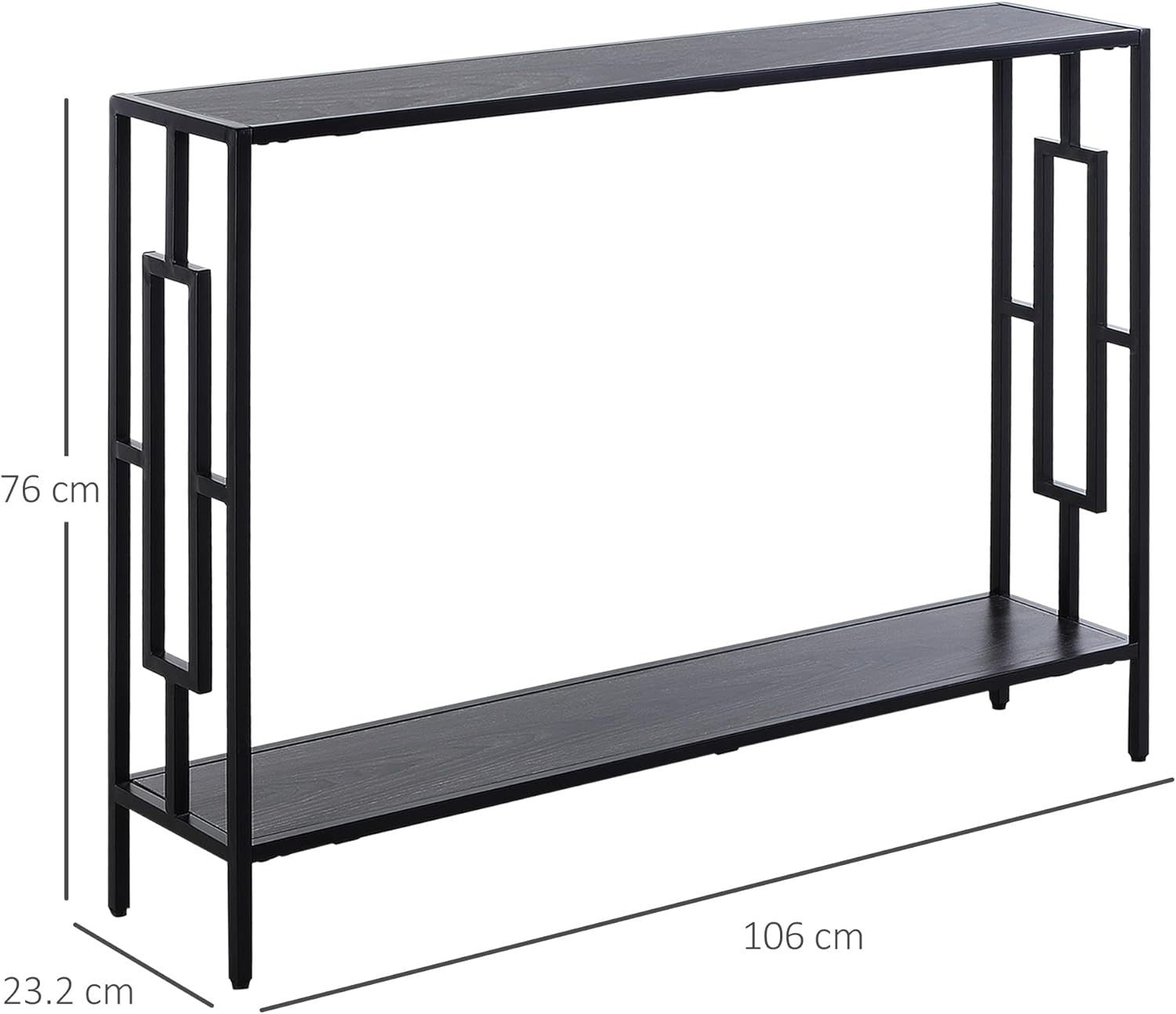 Slim Black Console Table with Metal Frame, 2 Shelves, Hallway Storage