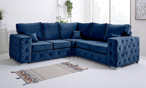 Luxury Blue Plush Velvet Corner Sofa L-Shaped 5 Seater Foam Cushions