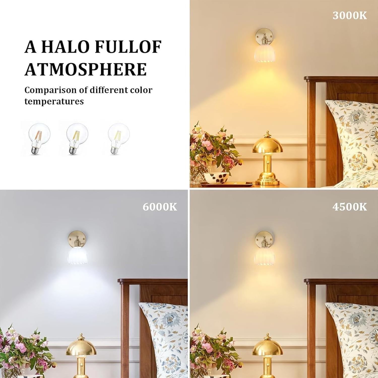 Vintage Gold Wall Sconce Tulip Glass Shade 180° Adjustable Light with Switch