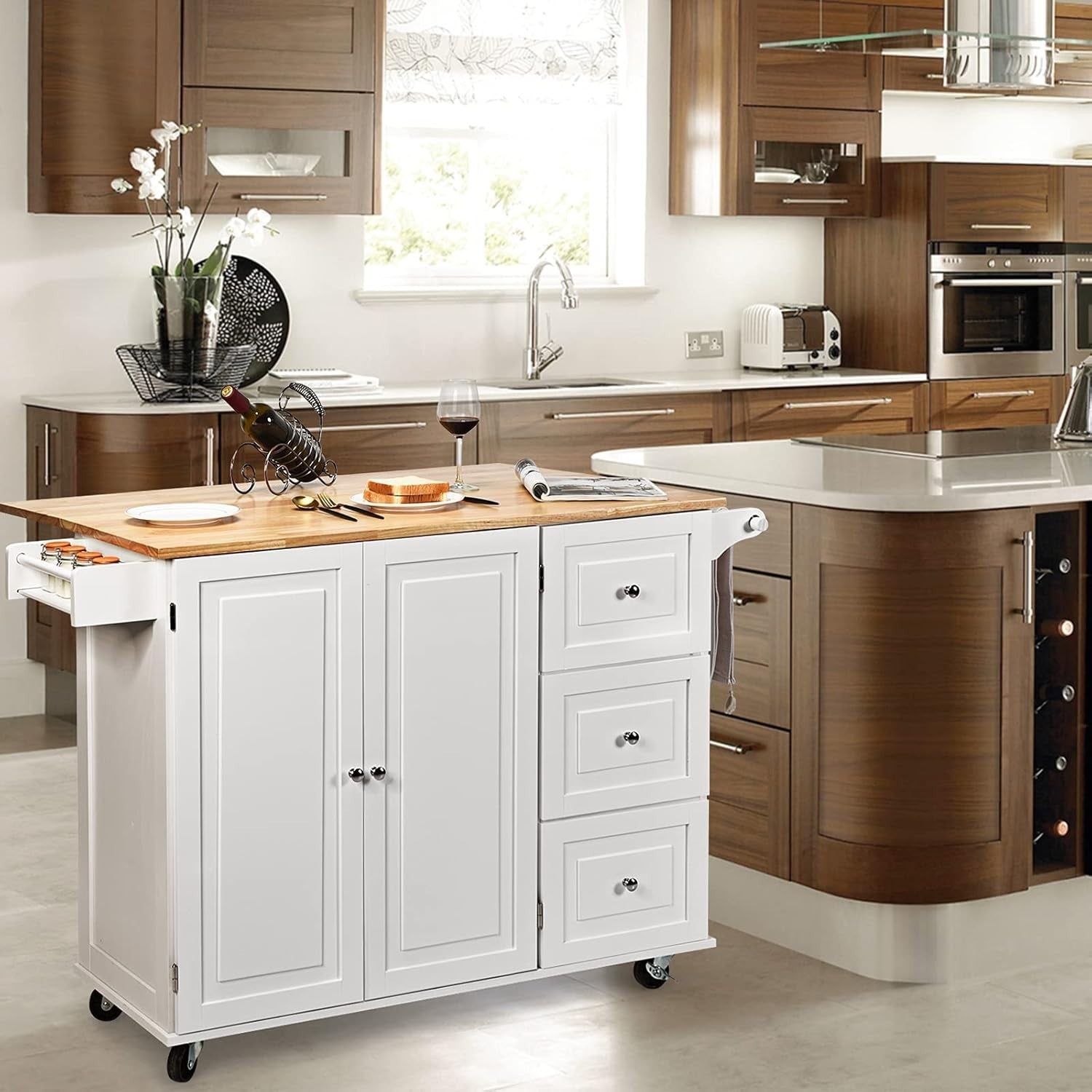 111cm White Kitchen Island Cart Extendable 3 Drawers