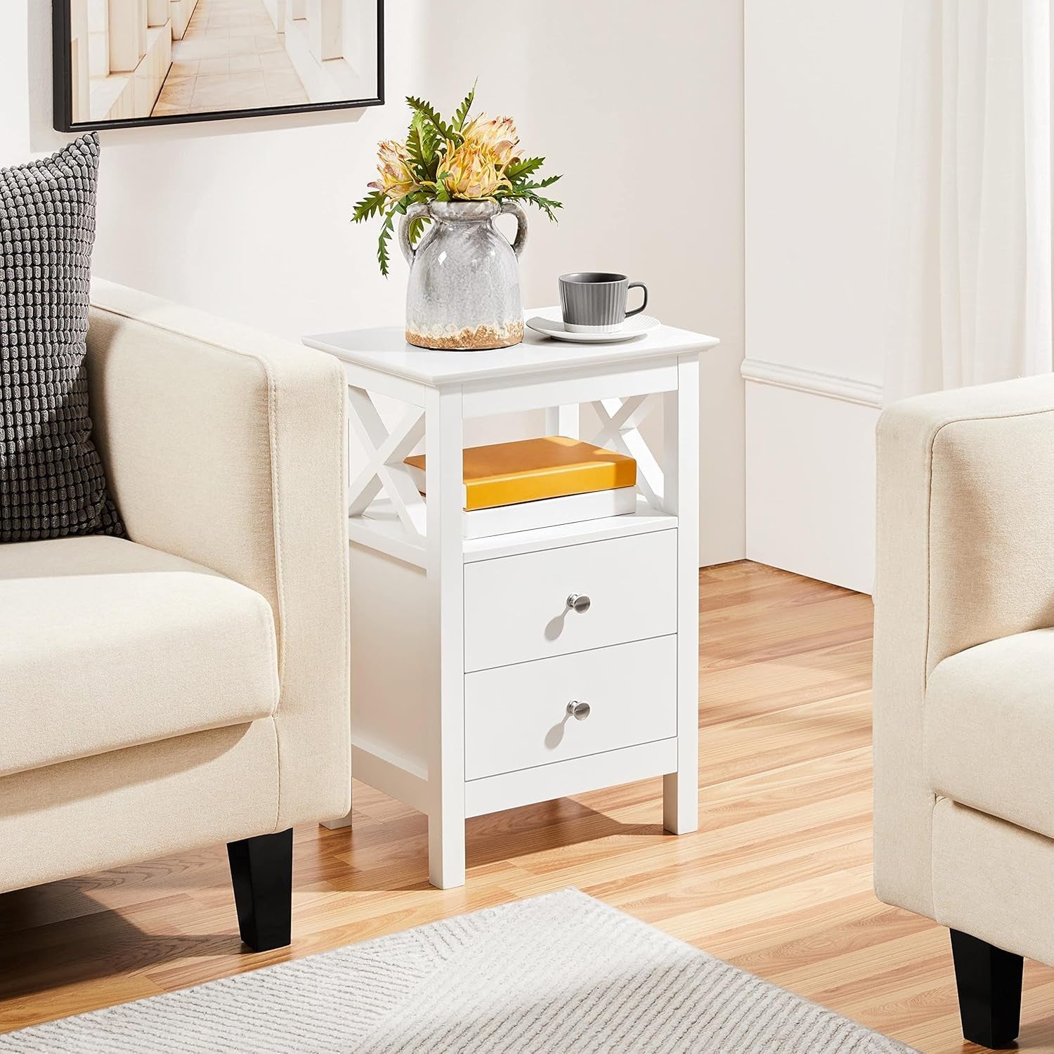 White Bedside Table with Drawers & Open Shelf – Modern X-Design Nightstand 30x40