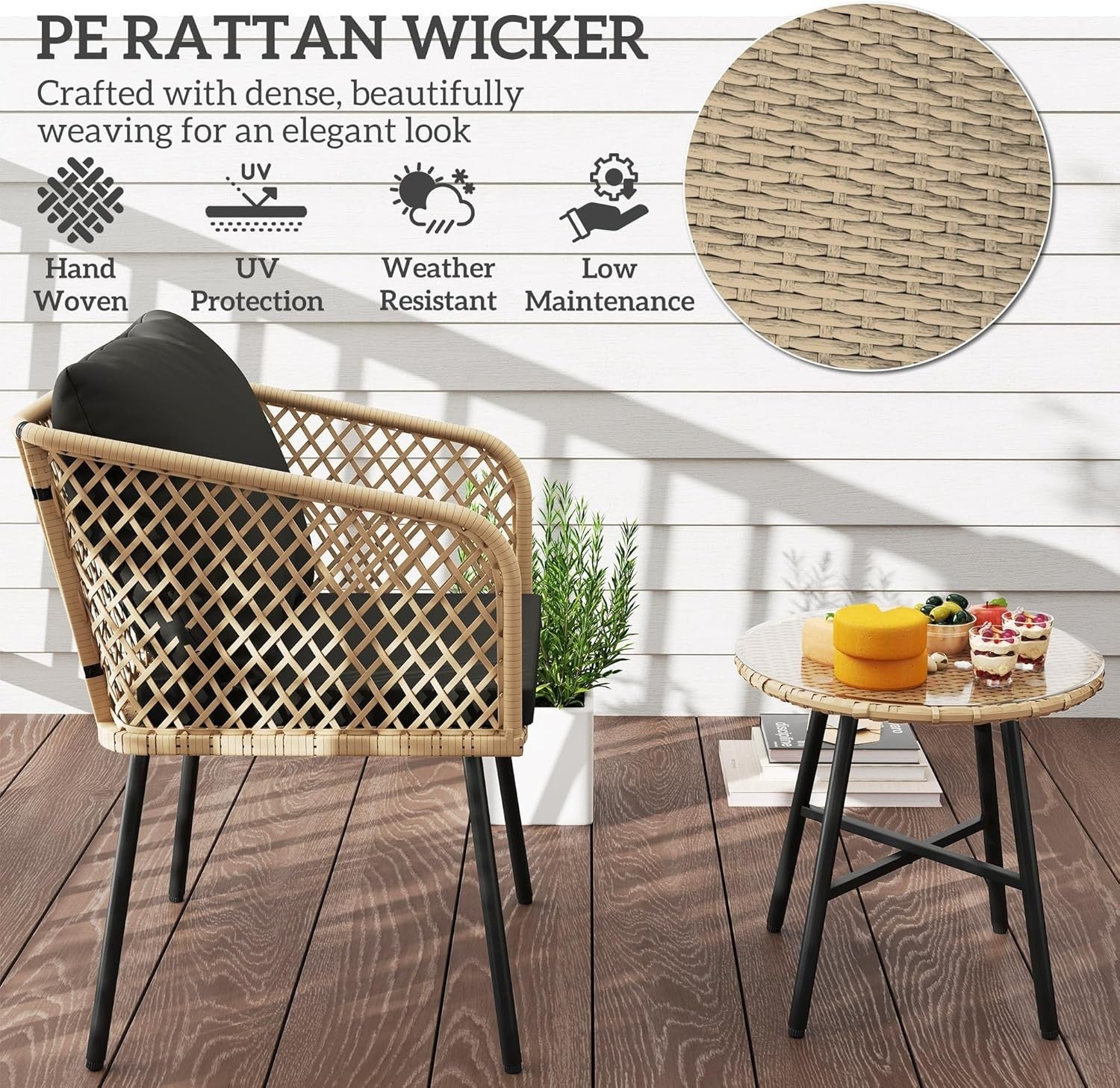 3 Piece Rattan Bistro Set Patio Chairs with Glass Table Balcony Seating
