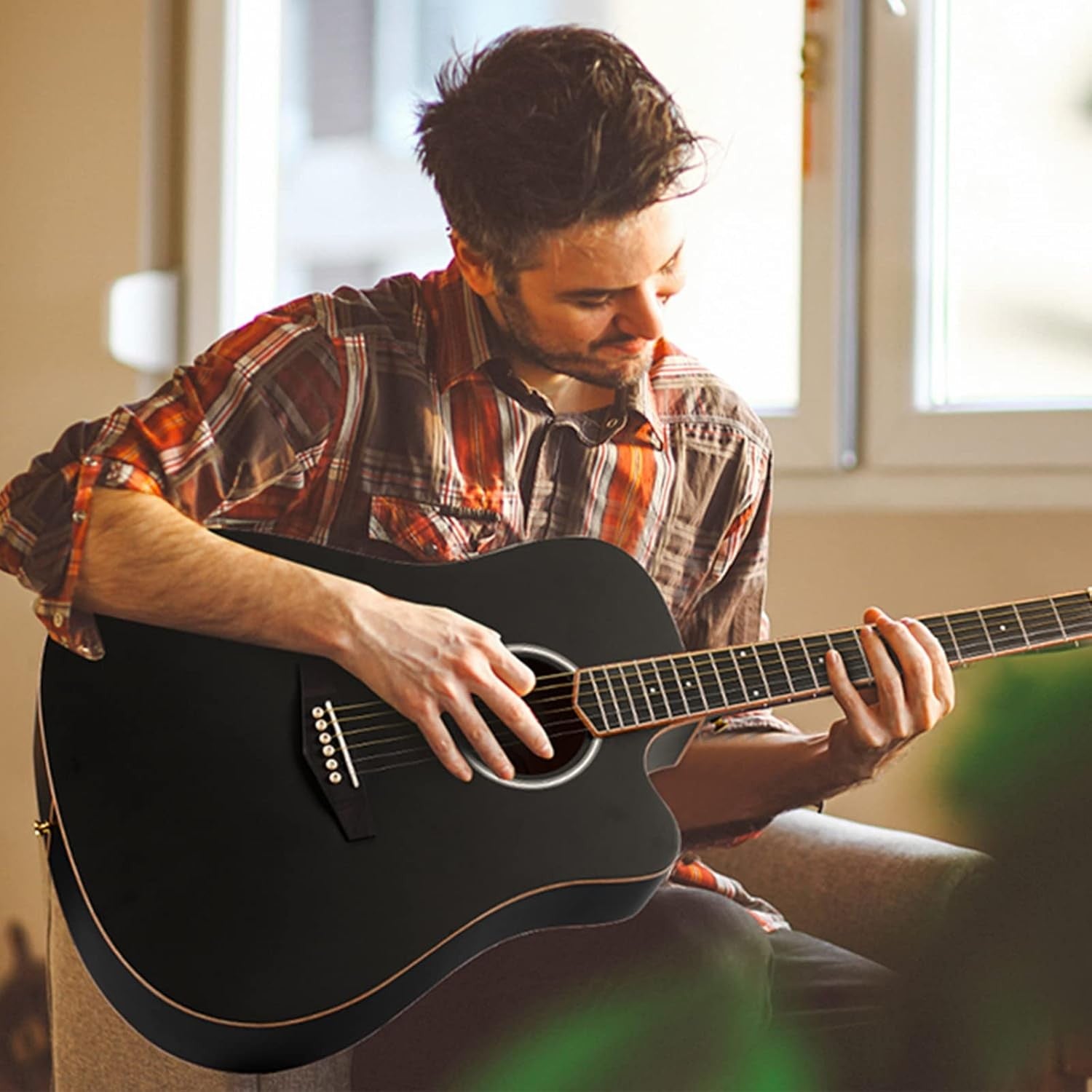 Full Size 41in Acoustic Guitar Cutaway Starter Kit Black