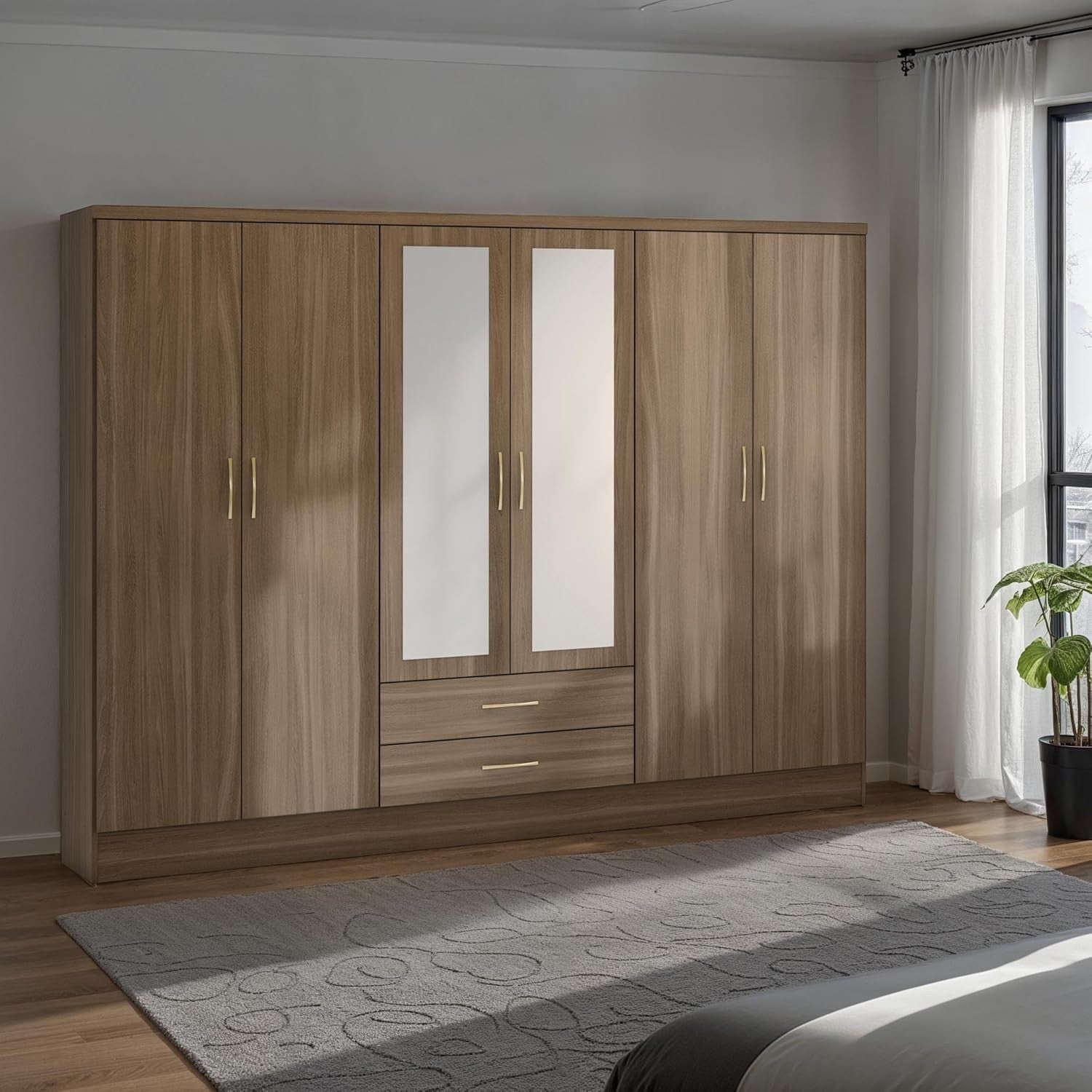 6 Door Rustic Oak Wardrobe with 2 Drawers & Mirrors – Spacious Storage Unit