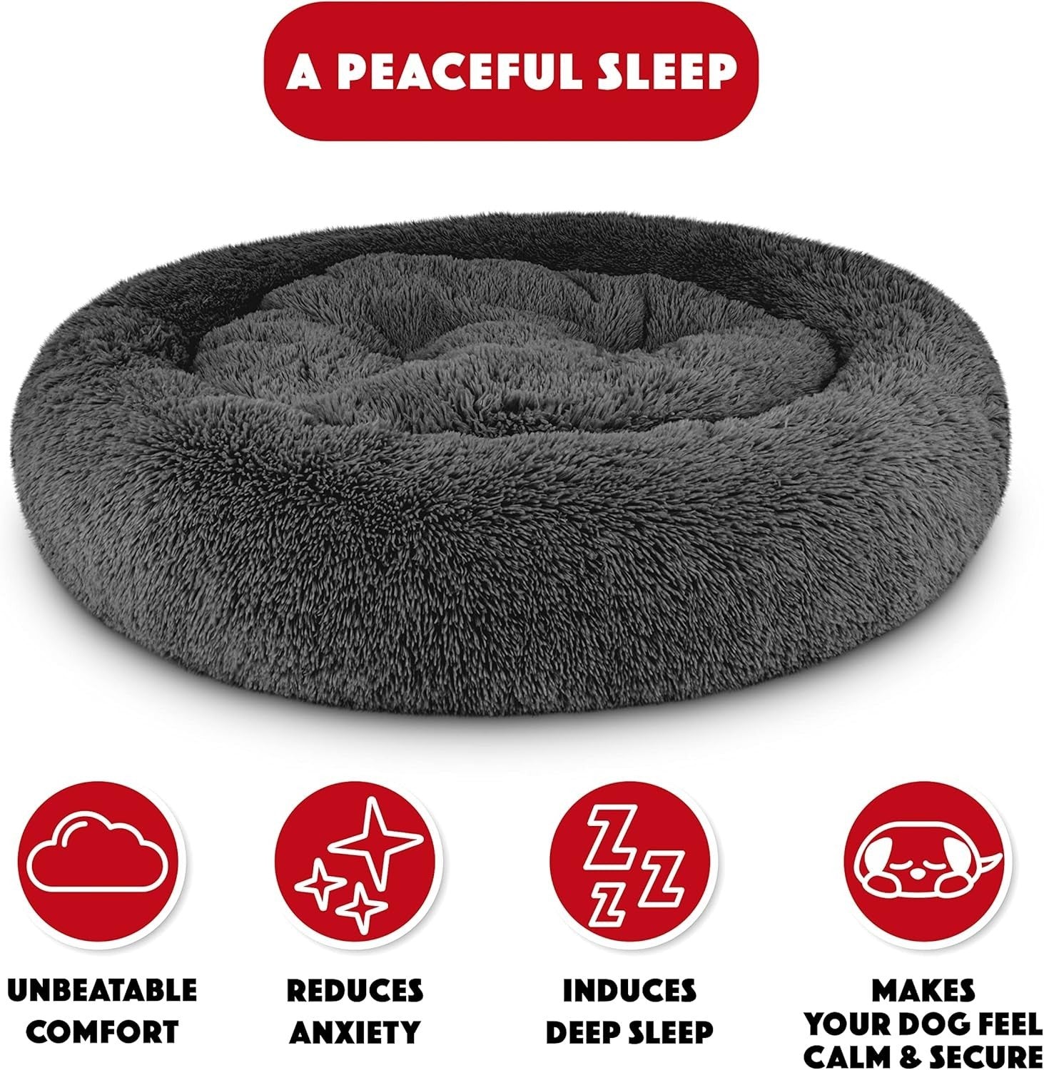 XL Plush Donut Dog Bed 114cm Calming Round Nest Grey