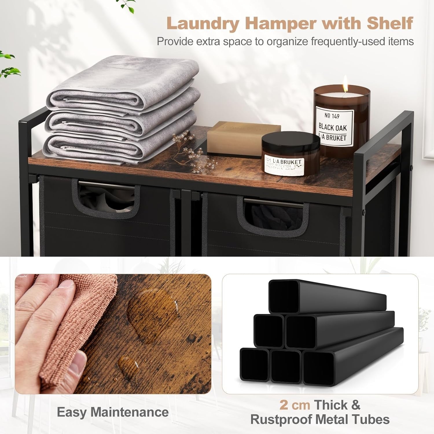3 Compartment Laundry Basket Pull Out Hampers with Shelf Metal Frame