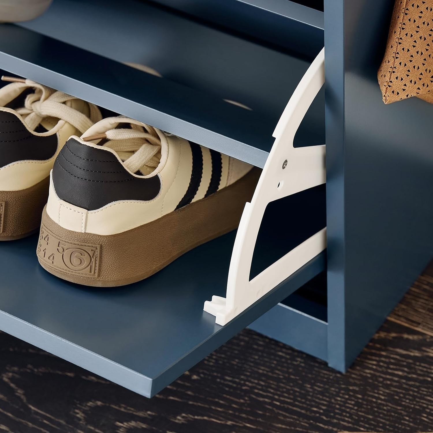 Narrow Shoe Storage Bench with Flip Drawer & Cushion, 150kg Load, Blue