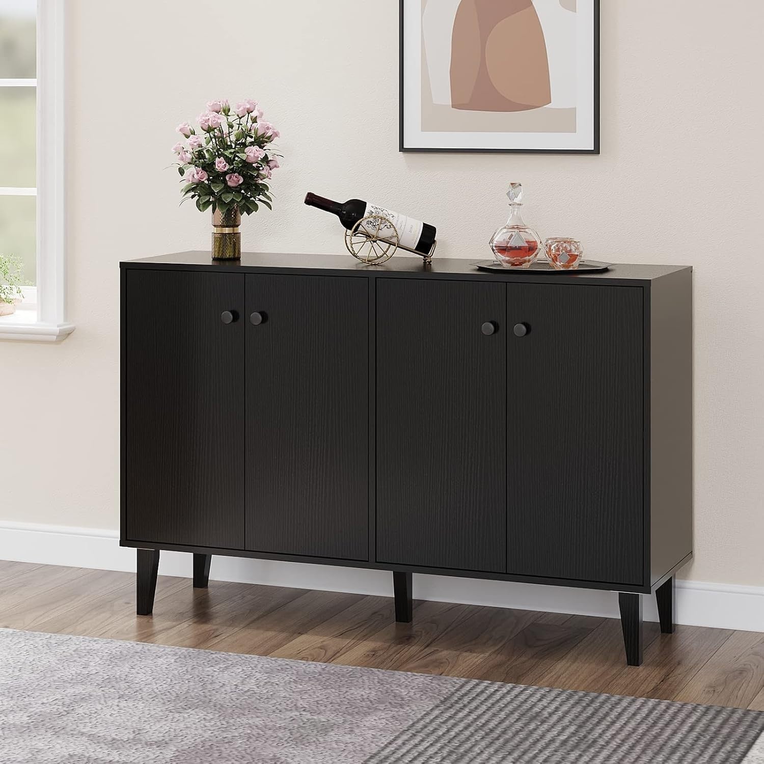 Modern Black Sideboard Cabinet with 4 Doors, Elevated Legs & Ample Storage