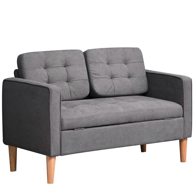 2 Seater Grey Sofa with Storage, Compact Tufted Couch, Wood Legs, 117cm