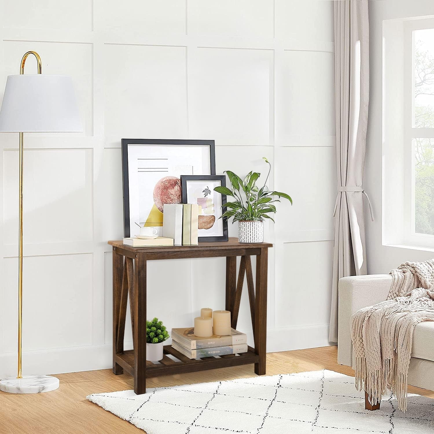 Narrow Brown Industrial Side Table with Storage Shelf, Compact Sofa Nightstand