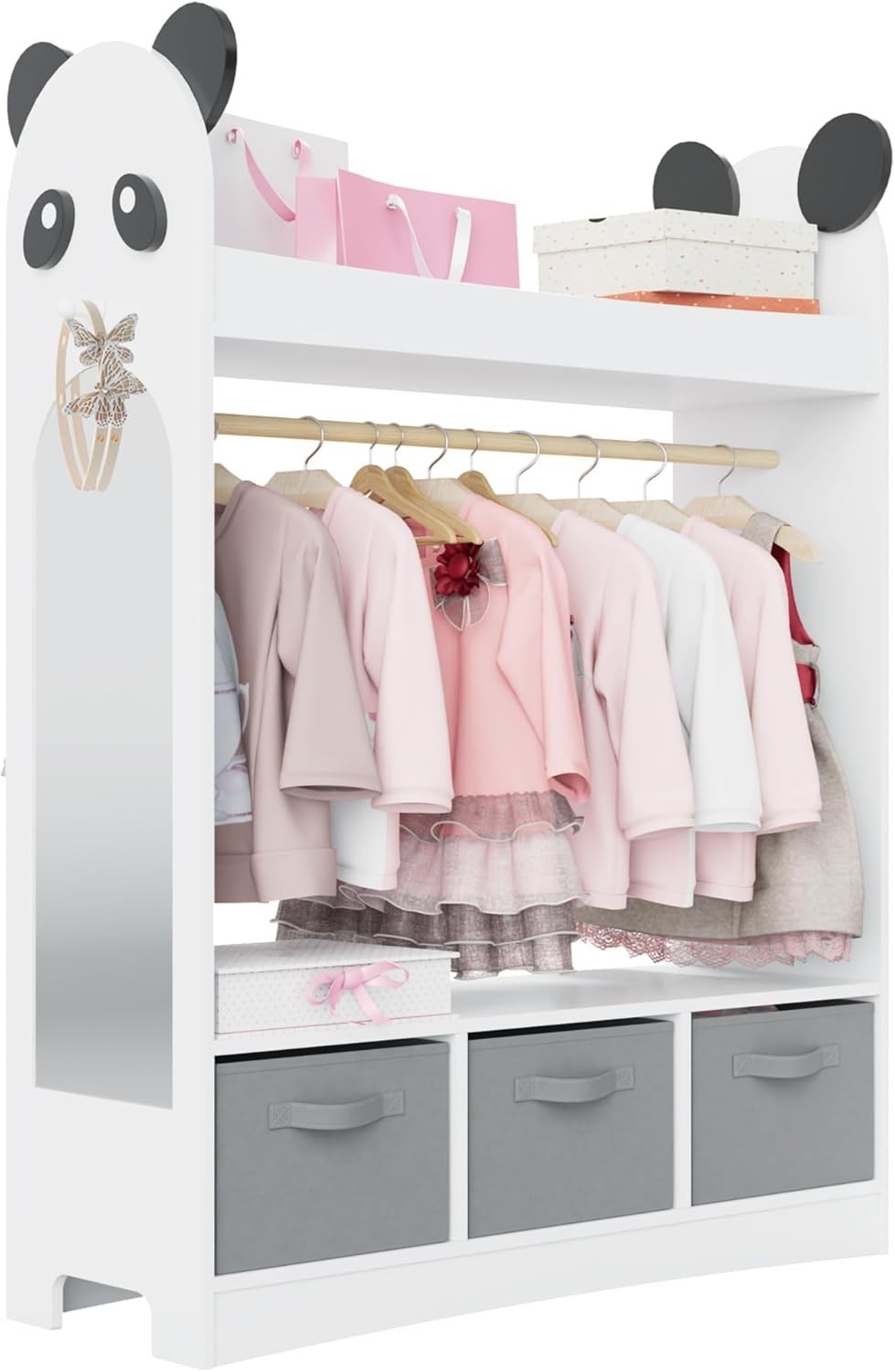 Kids Dress Up Wardrobe with Mirror, Hanging Rail & Drawers for Clothes Storage