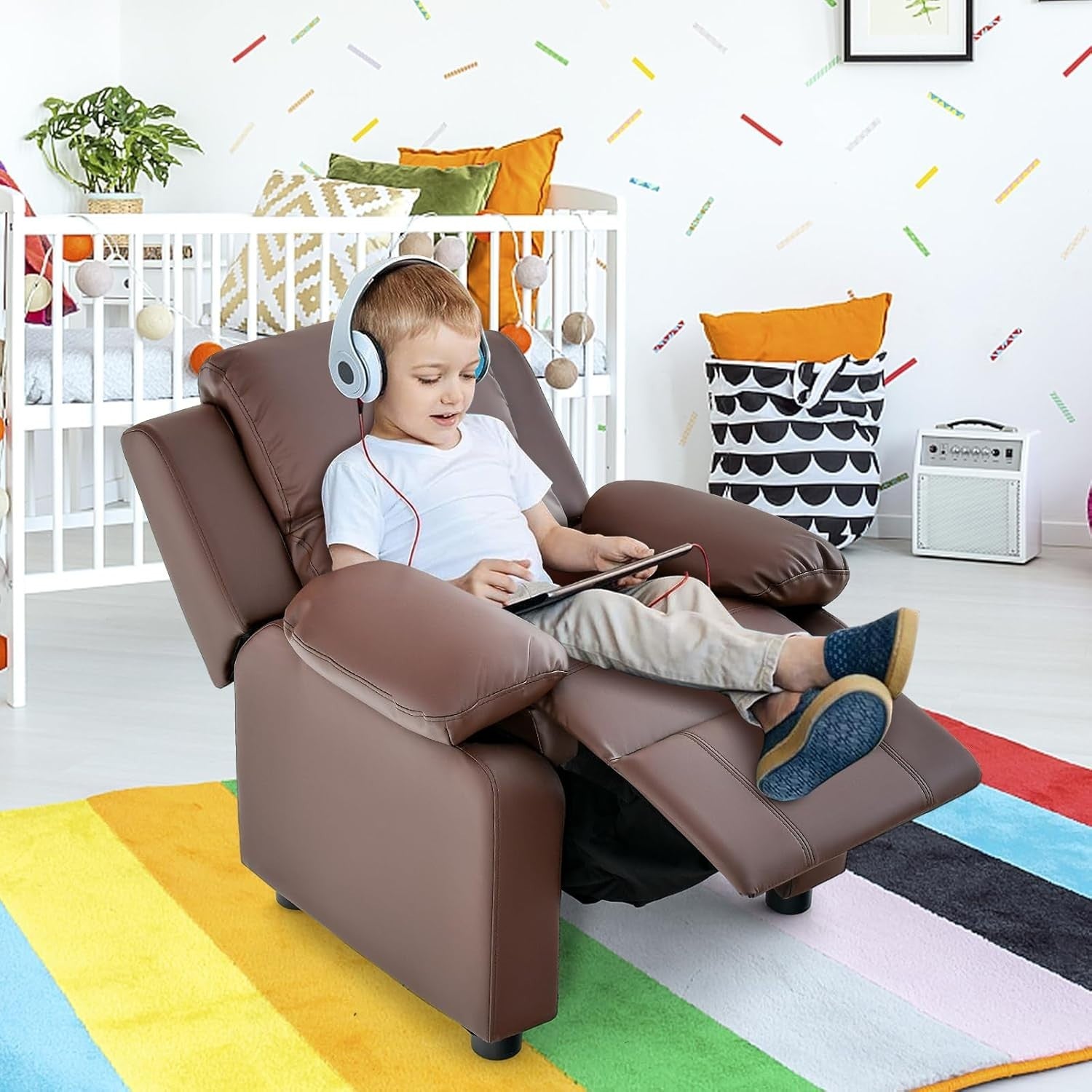 Kids Recliner Chair PU Leather Adjustable Backrest & Footrest with Storage Arms