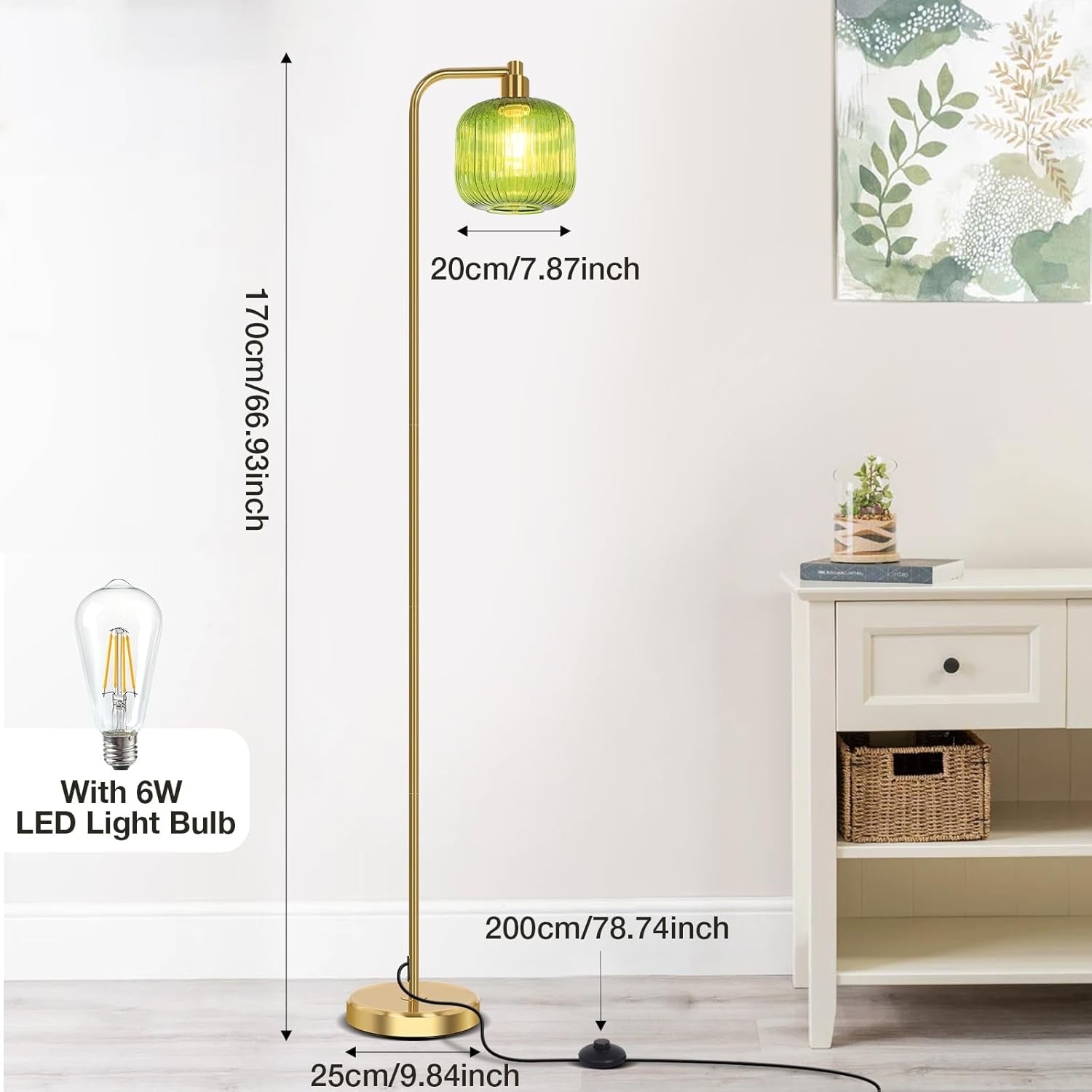 Modern Floor Lamp Tall Standing Light Glass Shade Pedal Switch Living Room