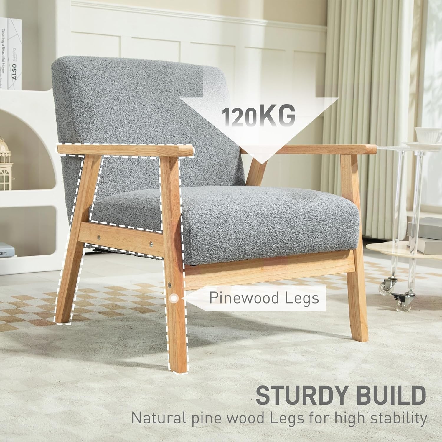 Grey Accent Armchair Wide Seat Cashmere Fabric Wood Legs