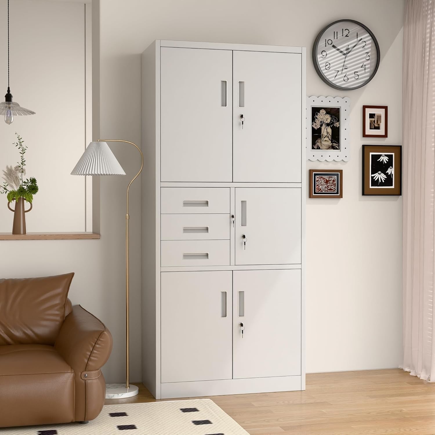 White Metal Storage Cabinet 5 Door 3 Drawer Lockable Steel Cupboard 180cm