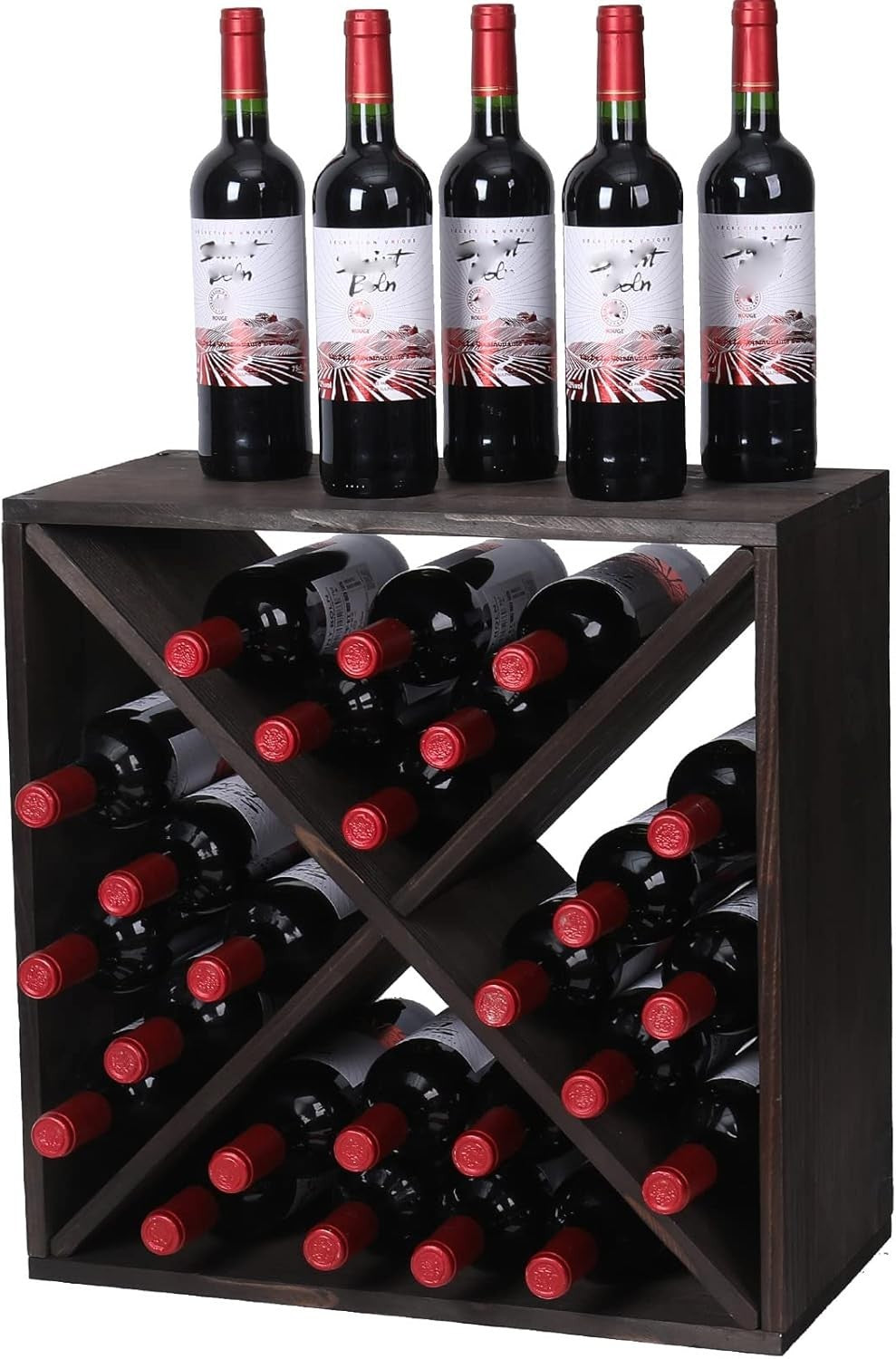 24 Bottle Wooden Wine Rack Cube Storage Stand Rustic Countertop Bar Display Dark