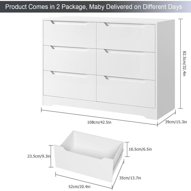 White Chest of Drawers 6 Drawer Bedroom Storage Units Set of 2 Modern