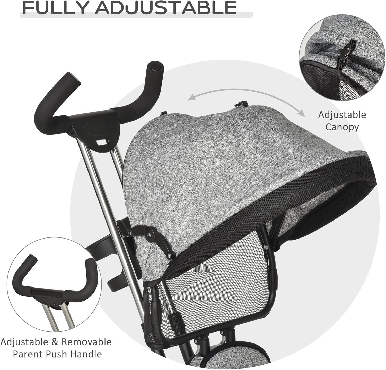 4 in 1 Kids Tricycle Toddler Trike Push Along Canopy Grey 18M-5Y