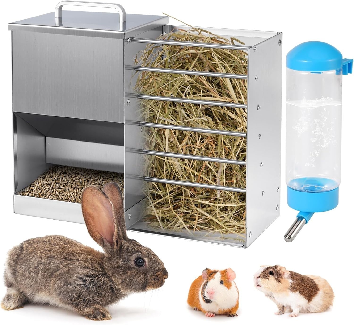 2 in 1 Rabbit Feeder Hay Rack Water Bottle Stainless Steel Food Dispenser