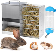 2 in 1 Rabbit Feeder Hay Rack Water Bottle Stainless Steel Food Dispenser