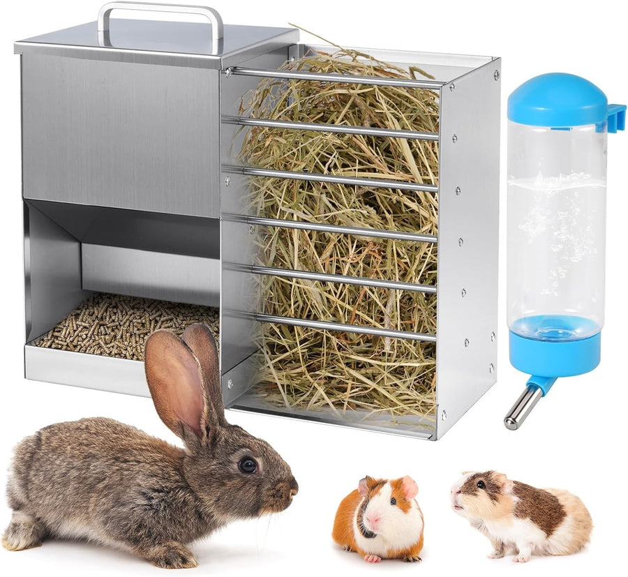 2 in 1 Rabbit Feeder Hay Rack Water Bottle Stainless Steel Food Dispenser
