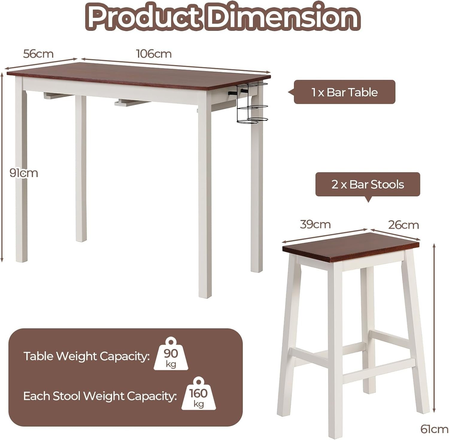 Cream White & Walnut Space-Saving Bar Table Set 2 Stools, Wine Holders, Footrest