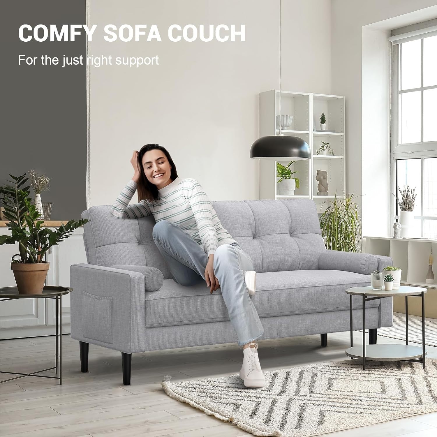 Grey 2 Seater Sofa Linen Fabric Couch Storage Cushions Small Room Ready