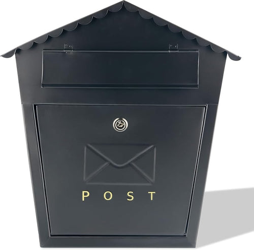 Lockable Cast Iron Wall Mounted Mailbox Black Weatherproof Post Box Large Secure