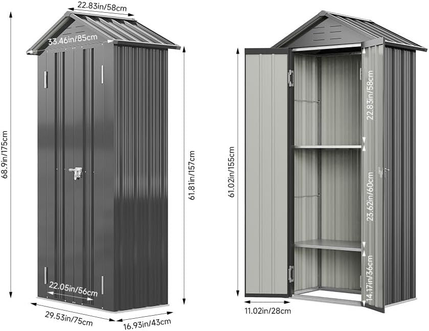 Metal Garden Shed 85x58x178cm Grey Lockable Outdoor Storage Tools
