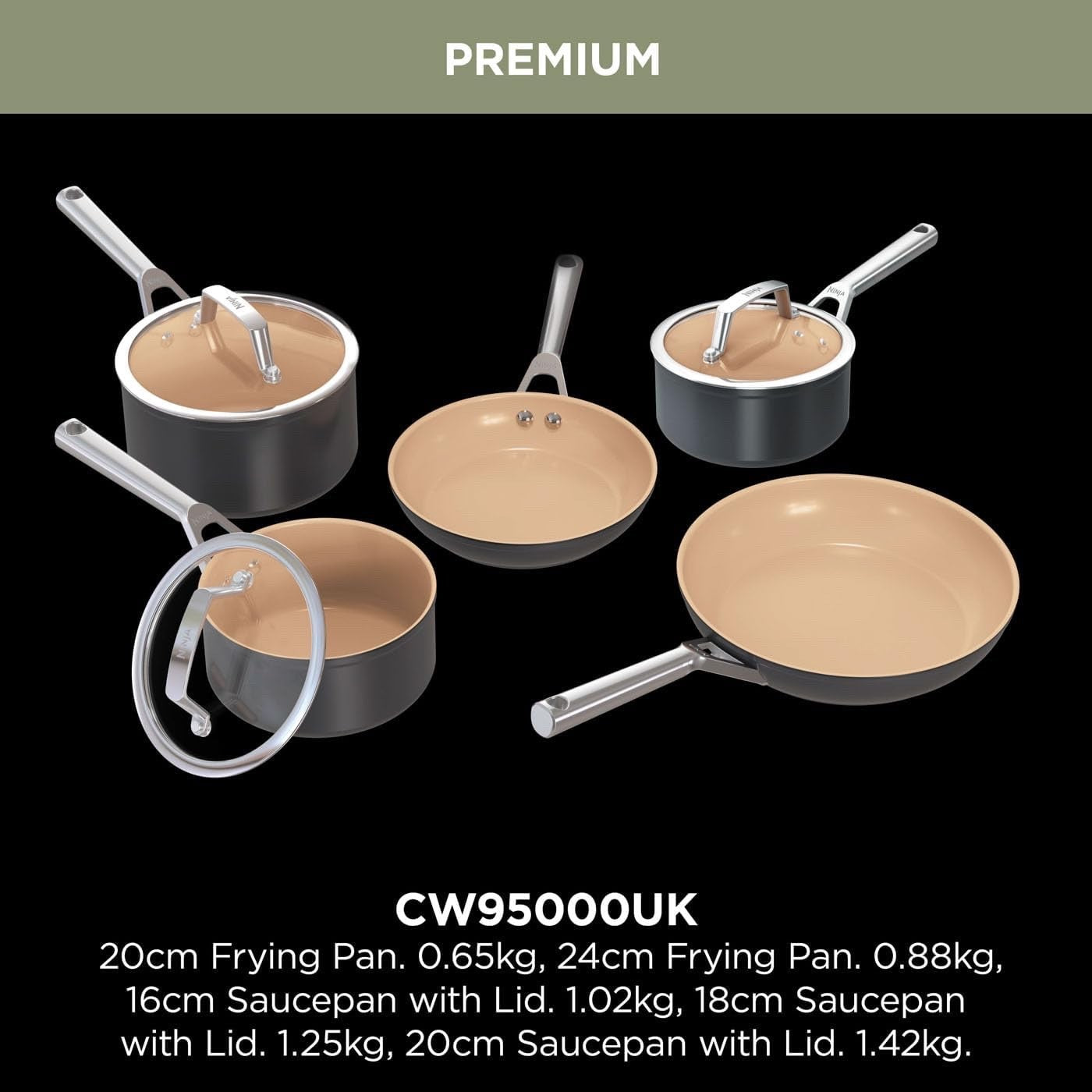 5Pcs Ceramic Terracotta & Black Non Stick Frying Pans Saucepan Cookware Set
